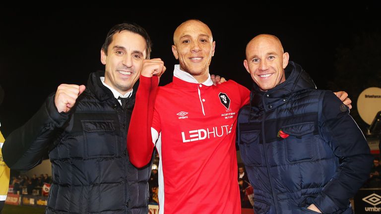 Gary Neville (L) and Nicky Butt (R) celebrate an FA Cup victory for Salford over Notts County