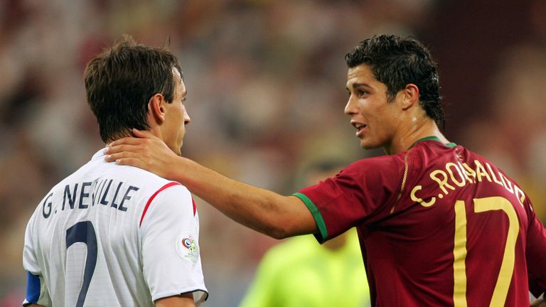 Gelsenkirchen, GERMANY:  Manchester United teammates Gary Neville (L) of England and Cristiano Ronaldo (R) of Portugal are seen in the quarter-final game f