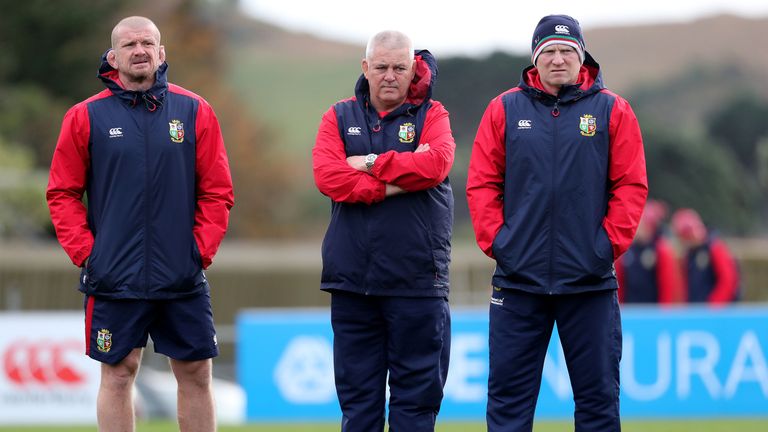 Lions Captain's Run, Porirua Park, Auckland, NZ 30/6/2017.Scrum coach Graham Rowntree, Head coach Warren Gatland and Kicking coach Neil Jenkins 