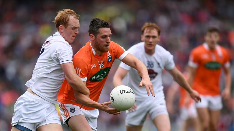 Gavin McParland of Armagh in action against Keith Cribbin of Kildare during the GAA Football All-Ireland Senior Championship Round 4B match