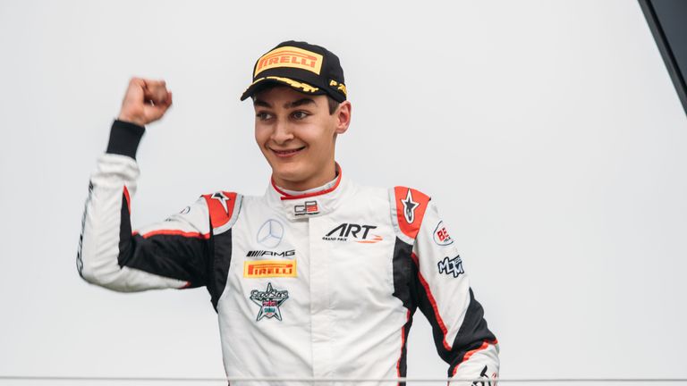 www.sutton-images.com..Race winner George Russell (GBR) ART Grand Prix celebrates on the podium at GP3 Series, Rd3, Silverstone, England, 13-16 July 2017.
