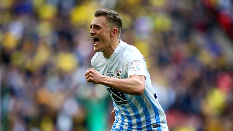Coventry's George Thomas celebrates after scoring in Checkatrade Trophy Final against Oxford
