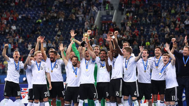 SAINT PETERSBURG, RUSSIA - JULY 02:  Julian Draxler of Germany lifts the FIFA Confederations Cup trophy after the FIFA Confederations Cup Russia 2017 Final