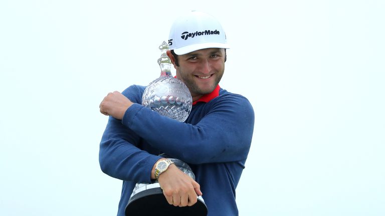 LONDONDERRY, NORTHERN IRELAND - JULY 09:  Jon Rahm of Spain poses with the trophy after his victory during the final round of the Dubai Duty Free Irish Ope