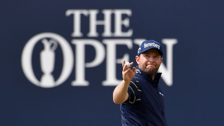 South Africa's Branden Grace reacts after holing out on the 18th green after his third round 62 on day three of the Open Championship at Royal Birkdale