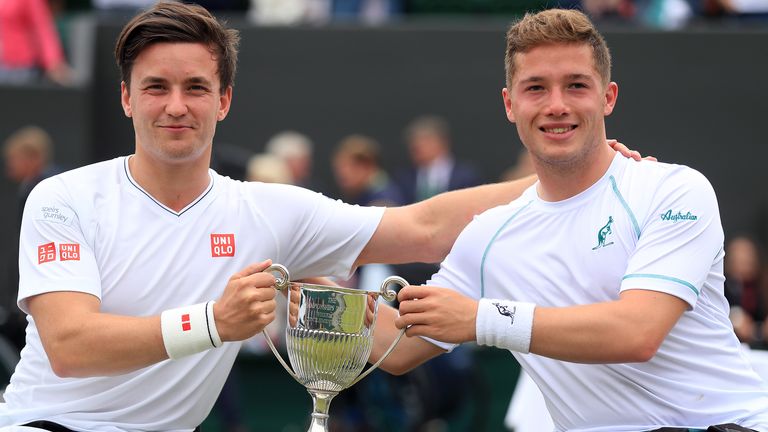 Gordon Reid (l) and Alfie Hewitt celebrate winning the Wimbledon wheelchair doubles title