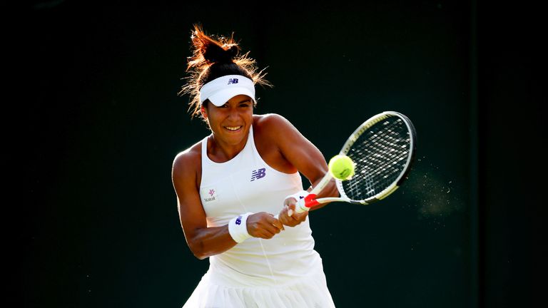 Heather Watson plays a backhand during her first round singles match against Maryna Zanevska