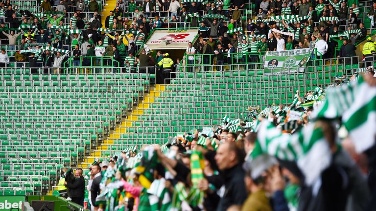 The space normally occupied by the Green Brigade sits empty at Celtic Park  ahead of the game against Rosenborg