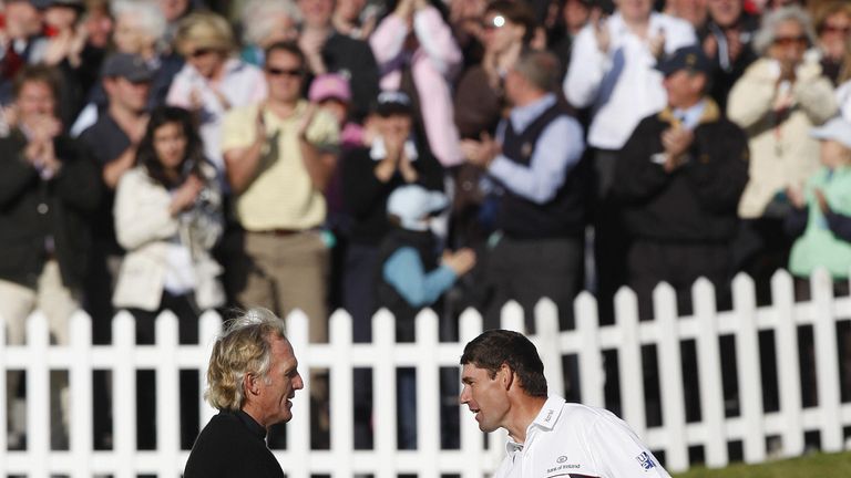 Norman congratulates Padraig Harrington after his victory in The Open at Royal Birkdale in 2008