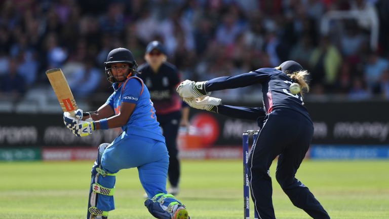 Harmanpreet Kaur of India plays a shot during the ICC Women's World Cup 2017 Final between England and India at Lord's