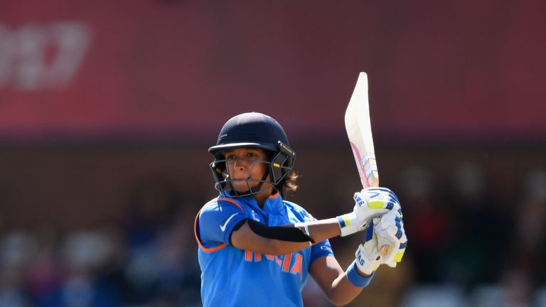 DERBY, ENGLAND - JULY 20:  India batsman Harmanpreet Kaur hits out during the ICC Women's World Cup 2017 Semi-Final match between Australia and India at Th