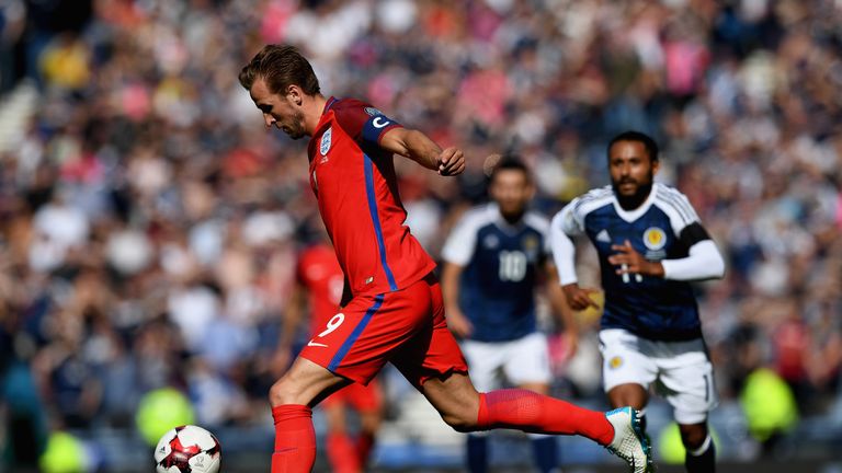 GLASGOW, SCOTLAND - JUNE 10: Harry Kane of England in action during the FIFA 2018 World Cup Qualifier between Scotland and England at Hampden Park National