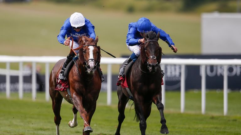 Hawkbill (L) wins the Princess Of Wales's Arqana Racing Club Stakes from Frontiersman 