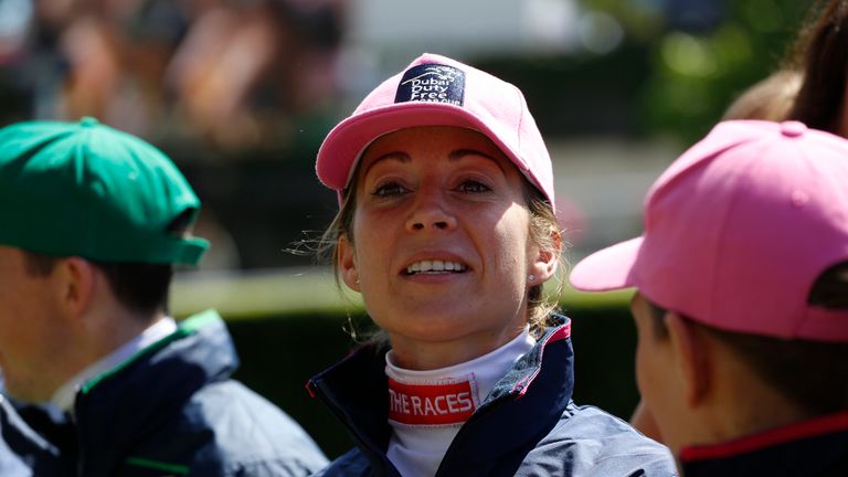 ASCOT, ENGLAND - AUGUST 06: Hayley Turner, representing The Girls team, takes part in The Shergar Cup opening ceremony at Ascot Racecourse on August 6, 201