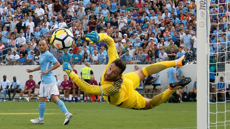 NASHVILLE, TN - JULY 29:  Goaltender Hugo Lloris #1 of Tottenham dives to make a save against Manchester City during the first half of the 2017 Internation