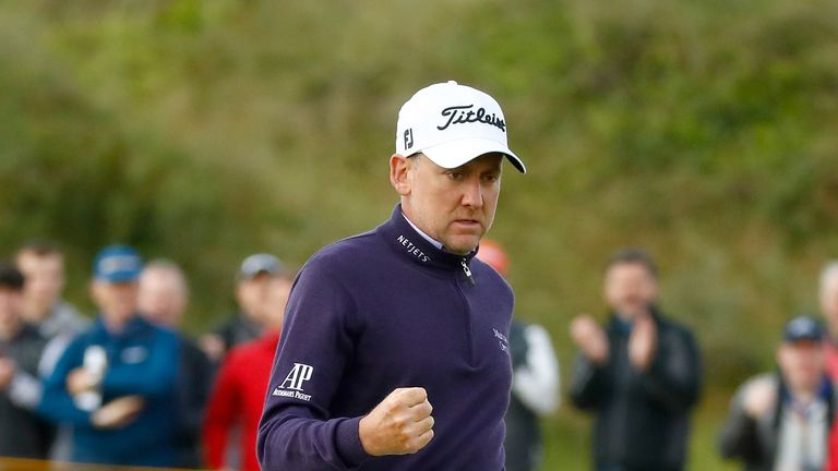 Ian Poulter celebrates his birdie on the fourth hole at The Open