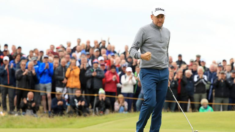 SOUTHPORT, ENGLAND - JULY 21:  Ian Poulter of England celebrates on the 9th green during the second round of the 146th Open Championship at Royal Birkdale 