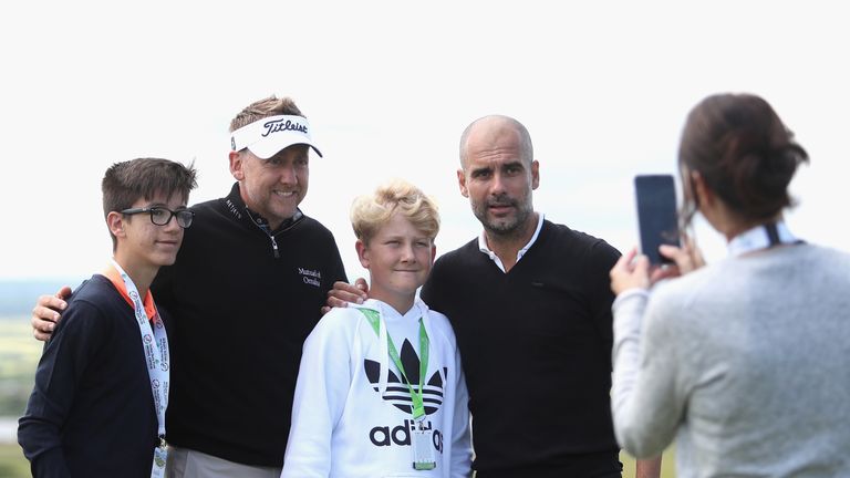 Ian Poulter of England and Manchester City manager Pep Guardiola 