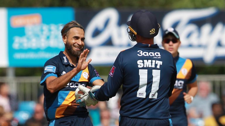 Imran Tahir of Derbyshire Falcons celebrates the wicket of Aadil Ali of Leicestershire Foxes during the Natwest T20 Blast