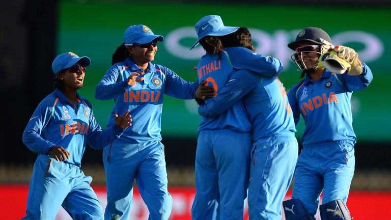 India skipper Mithali Raj (centre) celebrates with her team-mates