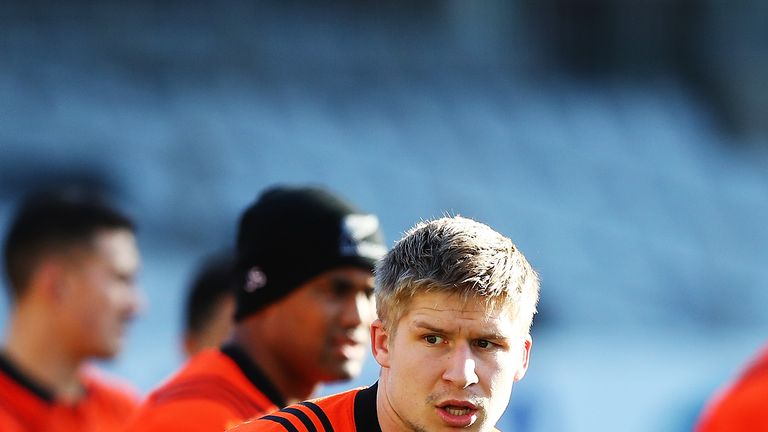 AUCKLAND, NEW ZEALAND - JUNE 15:  Jack Goodhue warms up during a New Zealand All Blacks training session at Eden Park on June 15, 2017 in Auckland,