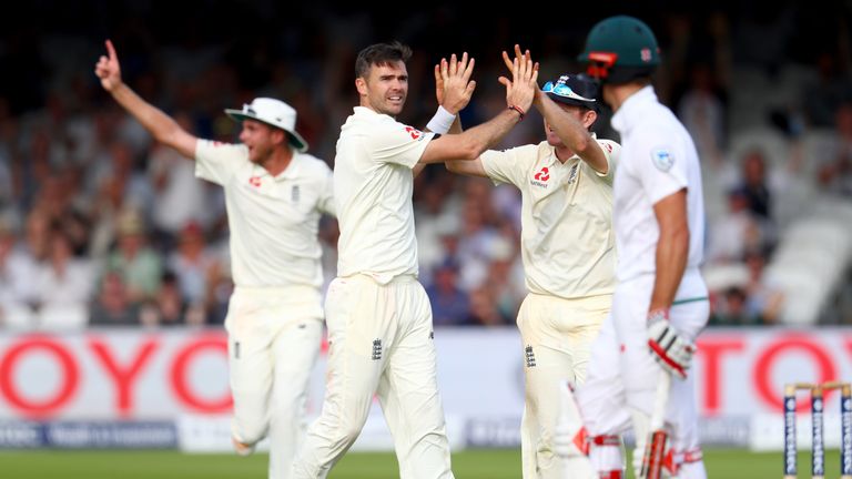 James Anderson of England celebrates taking the wicket of Theunis de Bruyn of South Africa