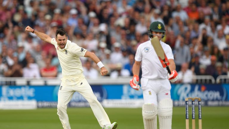 NOTTINGHAM, ENGLAND - JULY 15:  England bowler James Anderson celebrates after dismissing Heino Kuhn during day two of the  2nd Investec Test match between