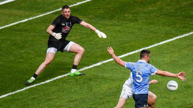 James McCarthy of Dublin shoots to score his side's second goal of the game  during the Leinster GAA Football Senior Championship Final match