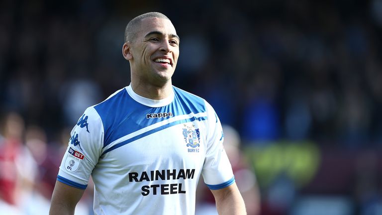 BURY, ENGLAND - APRIL 22:  James Vaughan of Bury in action during the Sky Bet League One match between Bury and Northampton Town at Gigg Lane on April 22