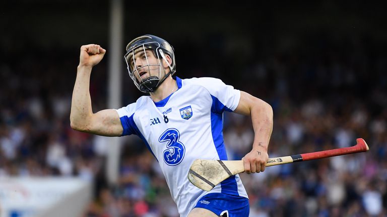 Jamie Barron of Waterford celebrates after scoring his side's third goal during the GAA Hurling All-Ireland Senior Championship Round 2 match