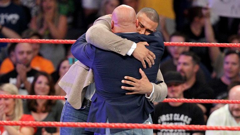 Jason Jordan was welcomed with a huge hug after Kurt Angle revealed he was his son.