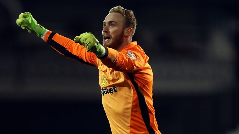 Goalkeeper Jason Steele of Blackburn Rovers celebrates their equalising goal during the Sky Bet Championship match between Fulham