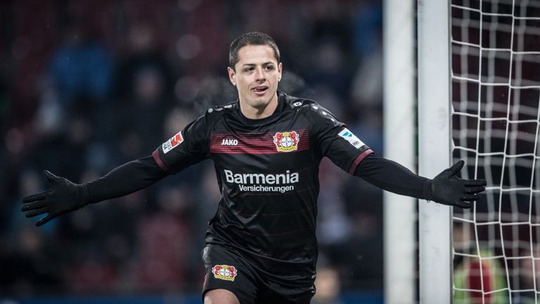 Javier Hernandez of Leverkusen celebrates his team's third goal during the Bundesliga match between FC Augsburg and Bayer Leverkusen 