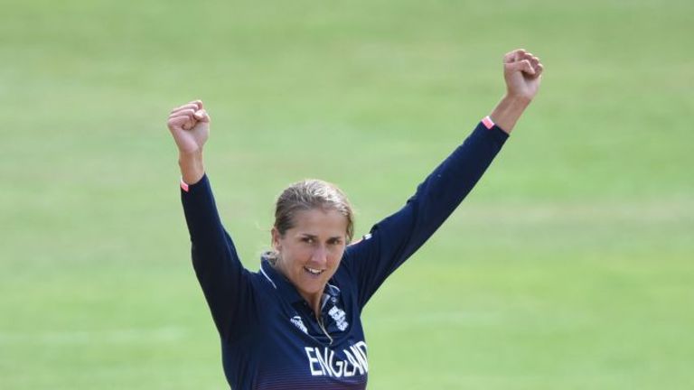 DERBY, ENGLAND - JULY 12: Jenny Gunn of England celebrates during the ICC Women's World Cup 2017 between England and New Zealand at The 3aaa County Ground 