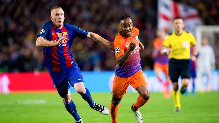 Jeremy Mathieu in action for Barcelona during the UEFA Champions League group C match against Manchester City