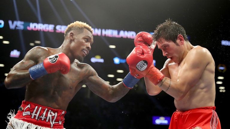 BROOKLYN, NY - JULY 29:  Jermall Charlo hits Jorge Sebastian Heiland during their WBC middleweight bout on July 29, 2017 at the Barclays Center in the Broo