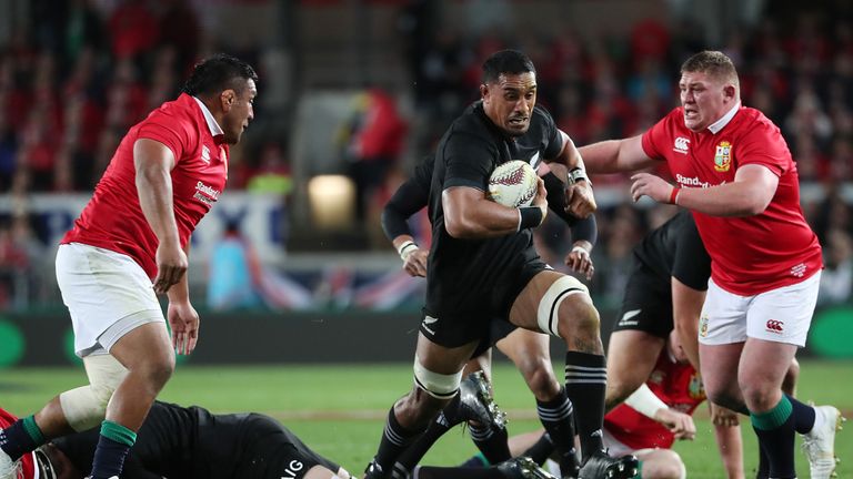 AUCKLAND, NEW ZEALAND - JUNE 24:  Jerome Kaino of the All Blacks (C) makes a break during the Test match between the New Zealand All Blacks and the British