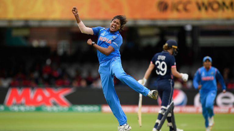 LONDON, ENGLAND - JULY 23:  India bowler Jhulan Goswami celebrates after dismissing Fran Wilson during the ICC Women's World Cup 2017 Final between England