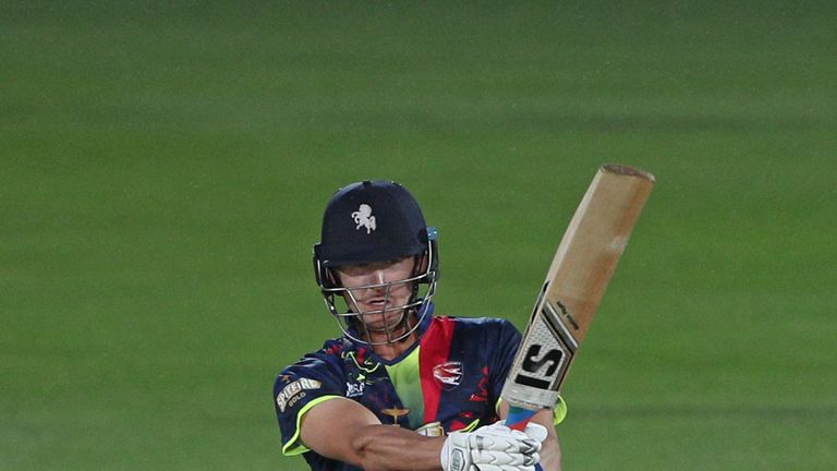 Joe Denly of Kent Spitfires hits a boundary during the NatWest T20 Blast South Group match at The Spitfire Ground