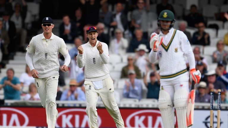 England captain Joe Root celebrates the wicket of Heino Kuhn of South Africa