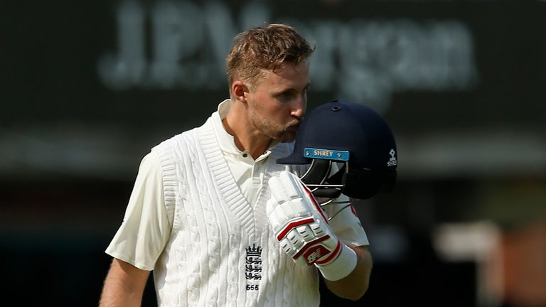 Englands Captain Joe Root celebrates after reaching a century not out  during the first day of the first Test match between England and South Africa at Lor