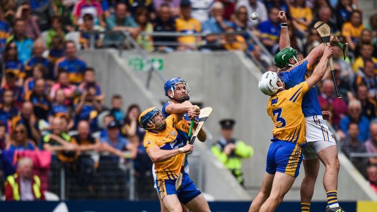 John O'Dwyer of Tipperary in action against Patrick O'Connor of Clare during the GAA Hurling All-Ireland Senior Championship Quarter-Final match