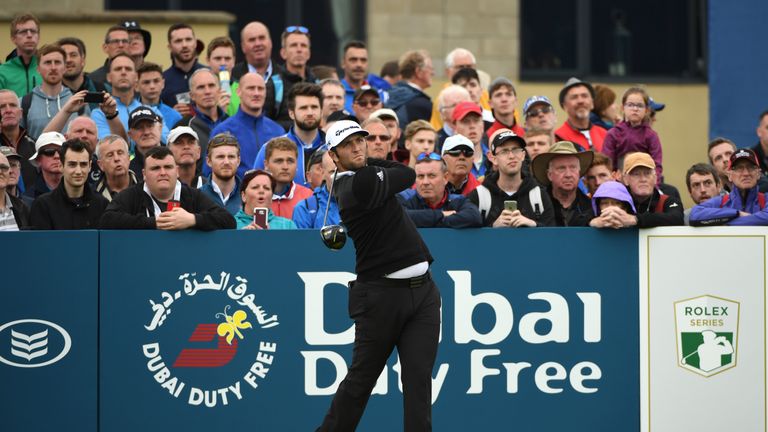 Jon Rahm of Spain tees off on the 17th hole during day one of the Dubai Duty Free Irish Open at Portstewart Golf 