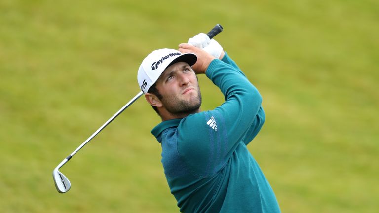 Jon Rahm of Spain hits his second shot on the 8th hole during day two of the Dubai Duty Free Irish Open