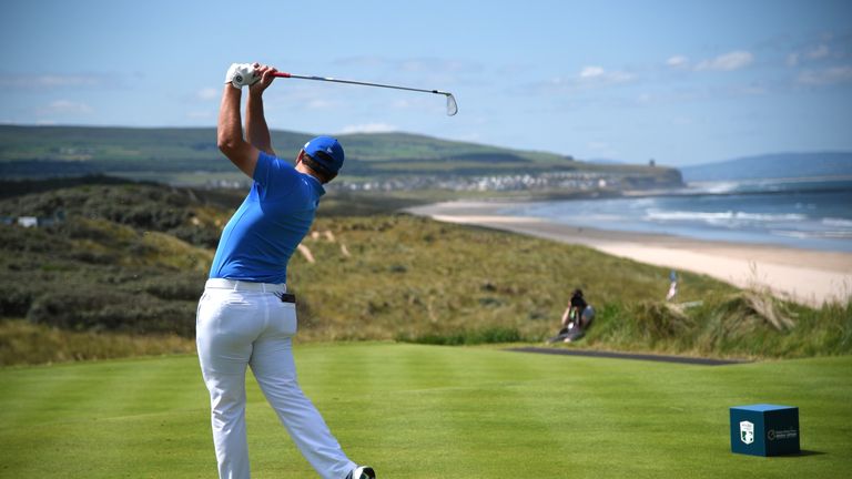 LONDONDERRY, NORTHERN IRELAND - JULY 08:  Jon Rahm of Spain tees off on the 1st hole during day three of the Dubai Duty Free Irish Open at Portstewart Golf