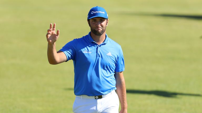 Jon Rahm of Spain acknowledges the crowd on the 18th green during day three of the Dubai Duty Free Irish Open