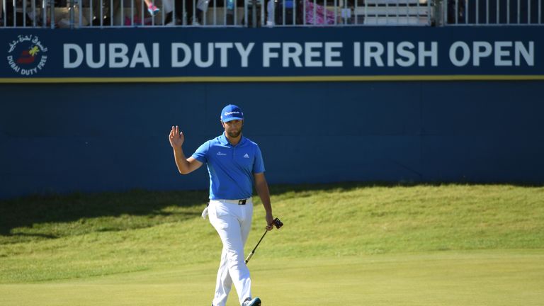 LONDONDERRY, NORTHERN IRELAND - JULY 08:  Jon Rahm of Spain acknowledges the crowd on the 18th green during day three of the Dubai Duty Free Irish Open