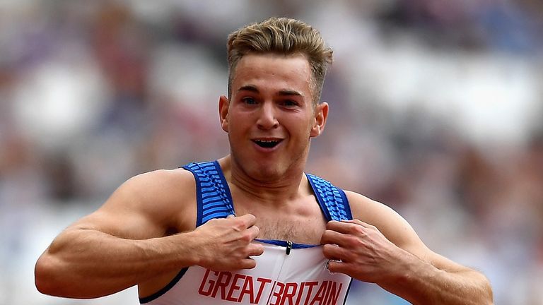 Jordan Howe of Great Britain celebrates after finishing second in the Mens 100m T35 final
