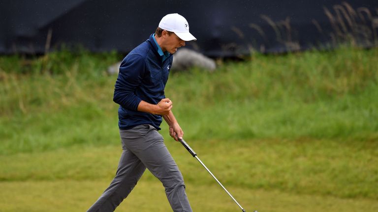 US golfer Jordan Spieth reacts after making his putt on the 14th green for birdie during his final round 69 on day four of the 2017 Open Golf Championship 