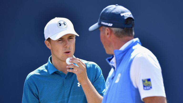 Jordan Spieth of the United States and Matt Kuchar of the United States on the 1st tee during the final round of the 146th Open